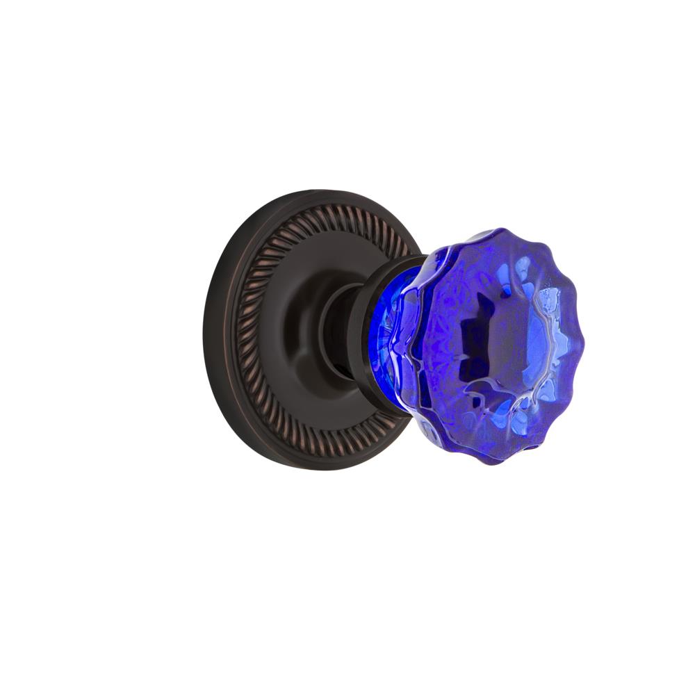Nostalgic Warehouse ROPCRC Colored Crystal Rope Rosette Passage Crystal Cobalt Glass Door Knob in Timeless Bronze